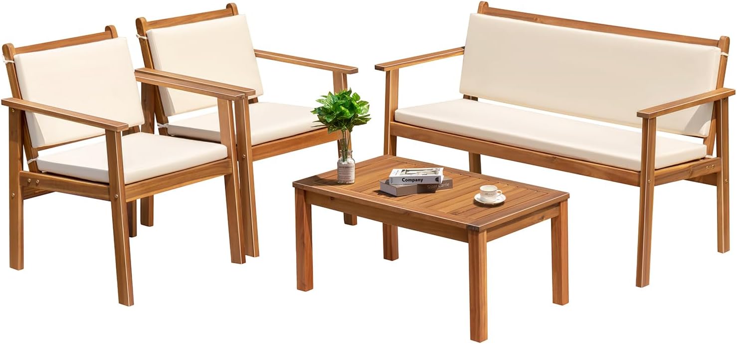 Greesum Outdoor Patio Furniture, 4 Piece Bistro Sofa Set with Coffee Table and Loveseat, Acacia Wood Conversation Sets with Cushions, for Garden, Backyard, Poolside, White