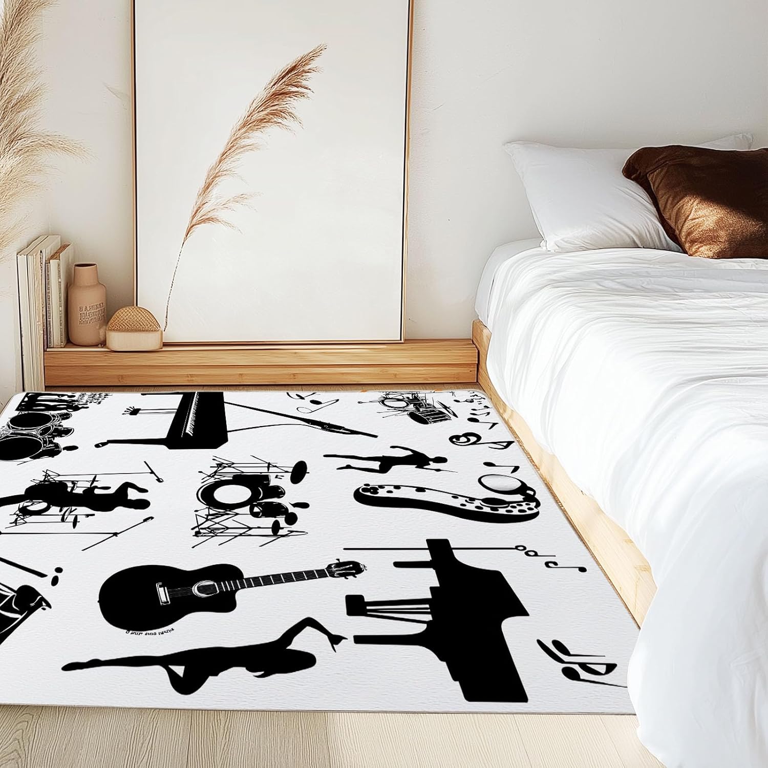 Piano Guitar Drum Set Rug 8x10 for Living Room, Musical Instrument Area Rugs for Bedroom, Black White Music Theme Carpet Low Pile, Room Decor Large Rugs, Soft Non Slip, Machine Washable Rug