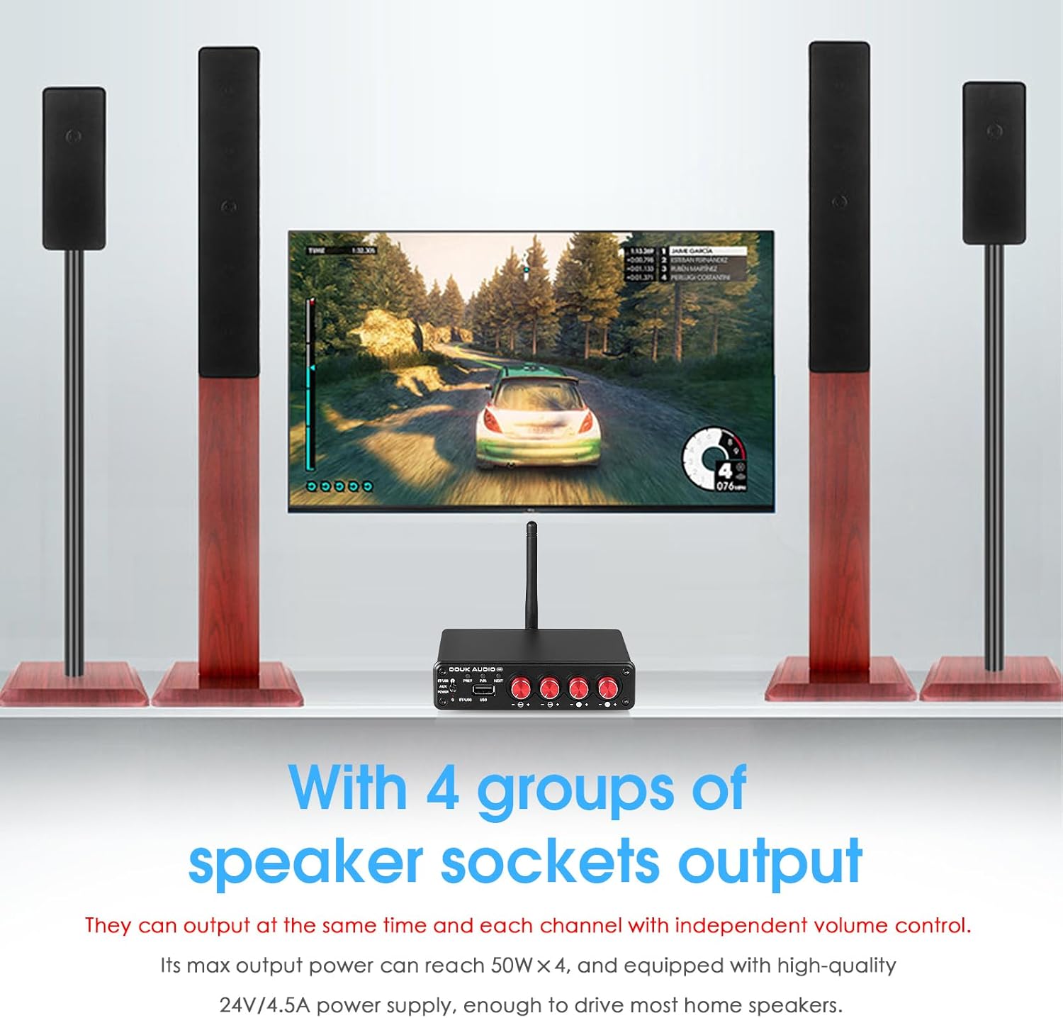 4 Channel Bluetooth Amplifier, 50W x 4 Audio Power Amp, Hi-Fi Home Stereo Speaker Receiver [Douk Audio M4]