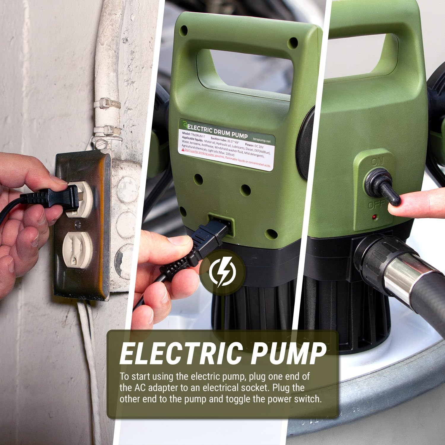 TERA PUMP Electric Drum Barrel Siphon for 55 Gallon Drums with Corrugated P.E. Discharge Hose with Easy Squeeze Nozzle (7.6 Gallon/Min)