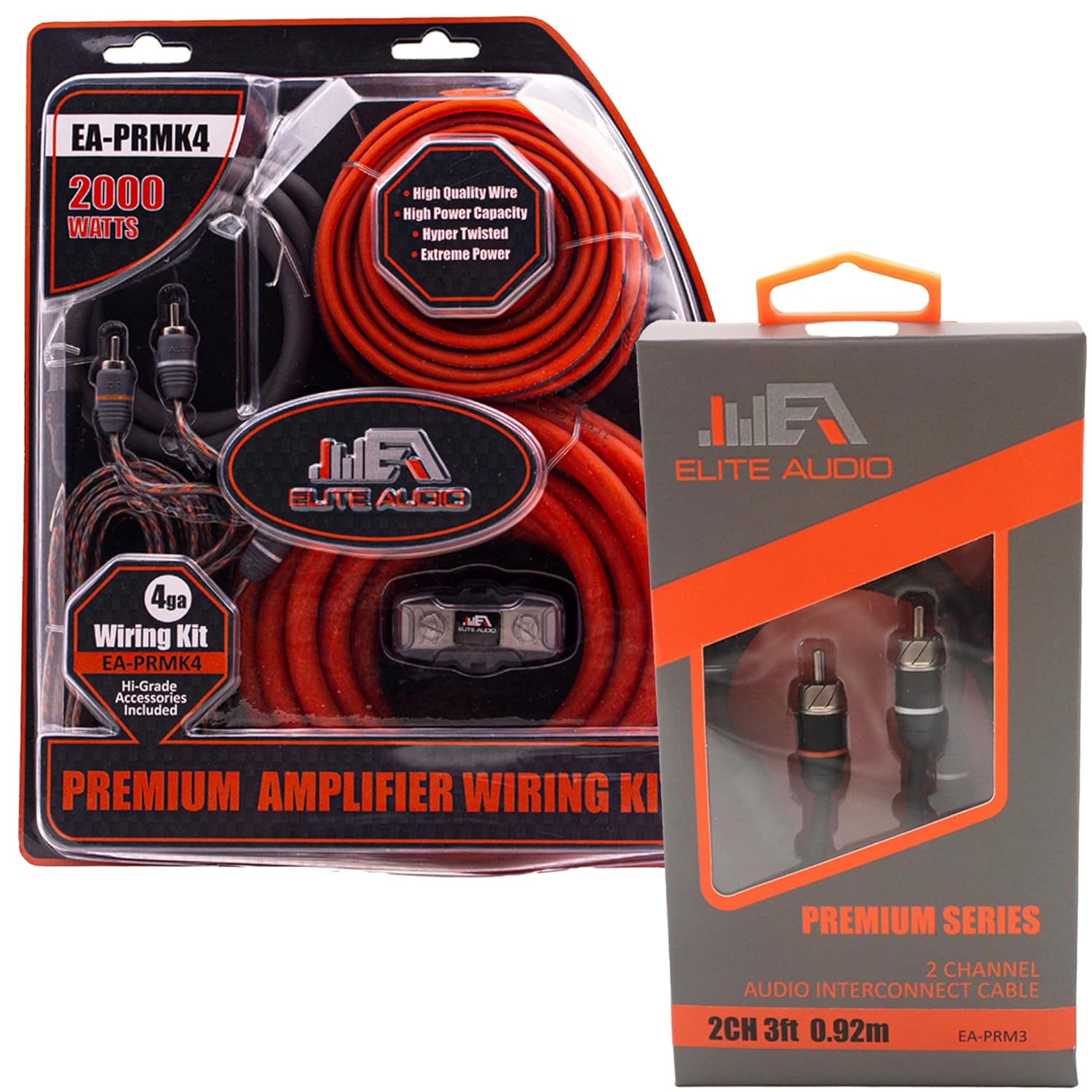 Elite Audio EA-PRMK4 + EA-PRM3 Series Amplifier Wiring Kit Bundle with 2-Channel RCA Combo - 2000W Max Power, 4GA Cables, Dual RCA Sets, Mini ANL Fuse and Holder