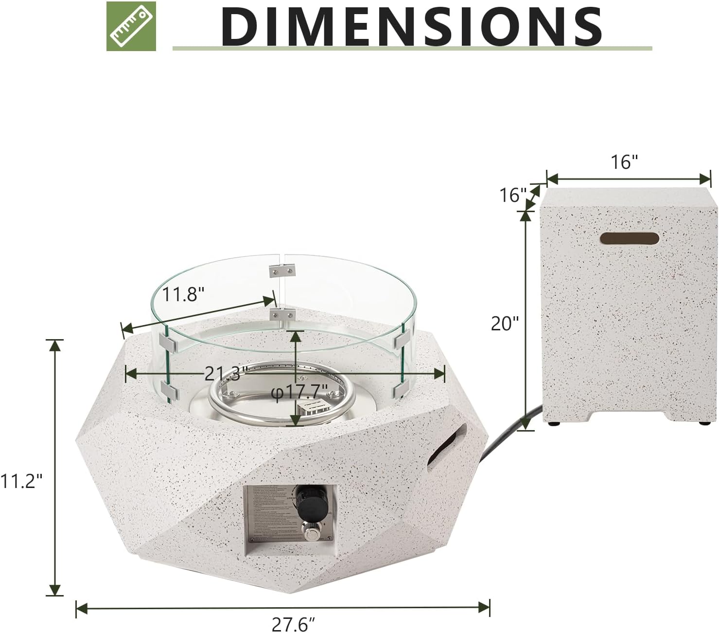 COSIEST 2-Piece Outdoor Propane Firepit Table Set w Tank Table, 24-inch Terrazzo White Hexagon Fire Table, Wind Guard and 16 inches Tank Side Table 20lb for Garden,Pool