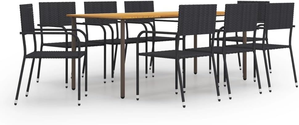 9 Piece Patio Dining Set Poly Rattan Black,Premium Patio Dining Set: Acacia Wood Table and Weatherproof Rattan Chairs for Outdoor Gatherings Furniture Sets for Patio, Lawn & Garden