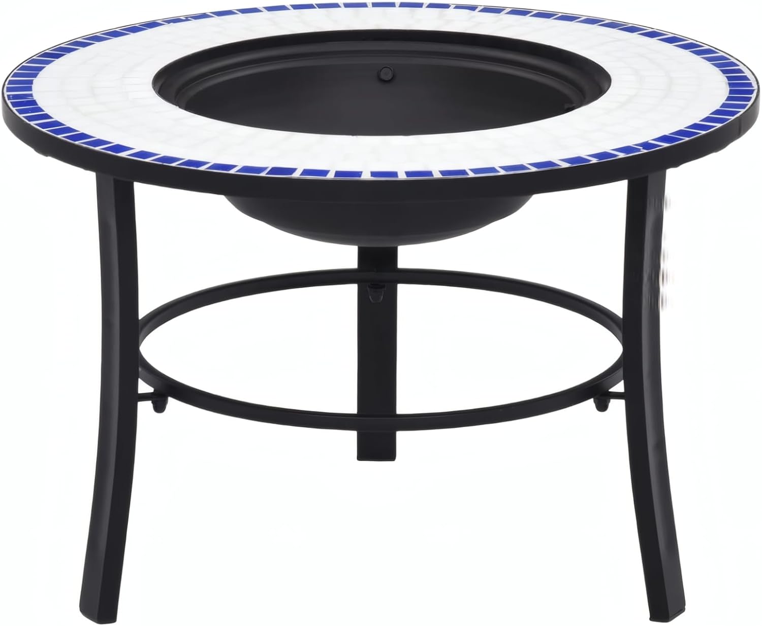 Penau Mosaic Ceramic Fire Pit Bowl, Outdoor Round Firepit with Three Leg Steel Stand, Blue and White Mosaic Tabletop Surround, Includes Fire Grid, 26.8 x 26.8 x 17.7 Inchs