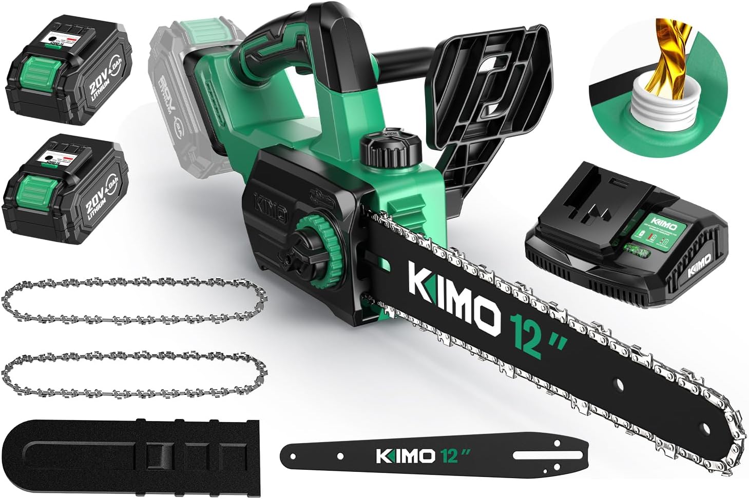 KIMO Brushless Electric Chainsaw 12 Inch Cordless with 2 X 4.0Ah Battery & Fast Charger, 54.5 FT/S Powerful Cutting, Security Lock，Auto Oiler Battery Powered Chainsaw for Wood Cutting & Tree Trimming
