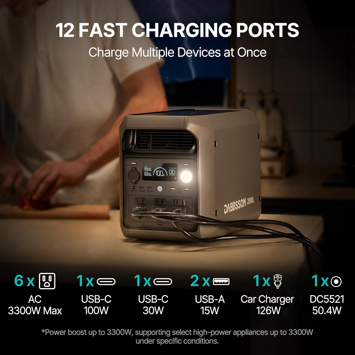 DABBSSON 2048Wh Portable Power Station, Safe Semi-Solid LiFePO4, 3300W Power Boost, 2200W AC Output ×6, 41lb,Compact & Lightweight, 1.3X Runtime, 2000L Solar Generator for Camping/Home/RV