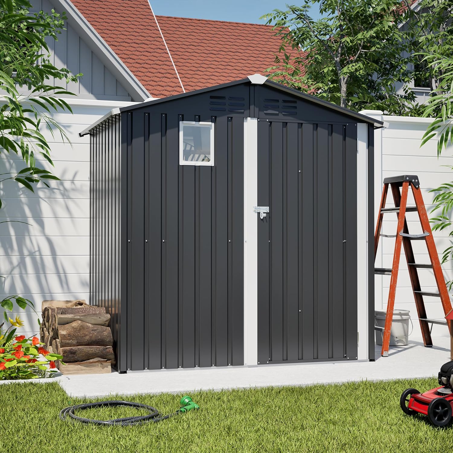 CHARMMA 6x4ft Storage Shed, Outdoor Garden Tool Shed with Lockable Door, Metal Utility Tool Storage House, Heavy-Duty Tools Shed for Backyard, Garden, Patio (Dark Gray)