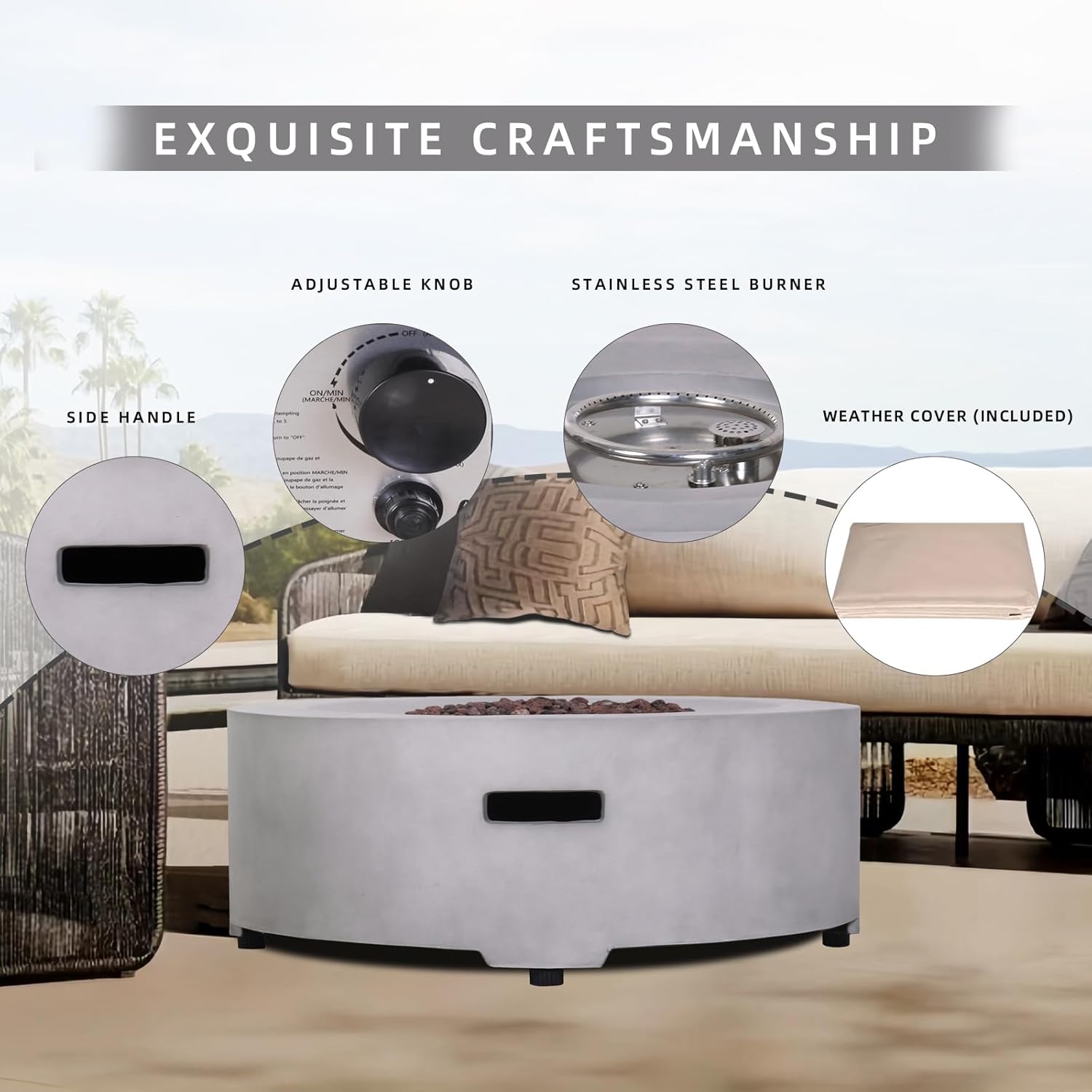 Diameter 30 Inch x 11 Inch Round Faux Concrete Texture Propane Gray Fire Pit with PVC Weather Cover