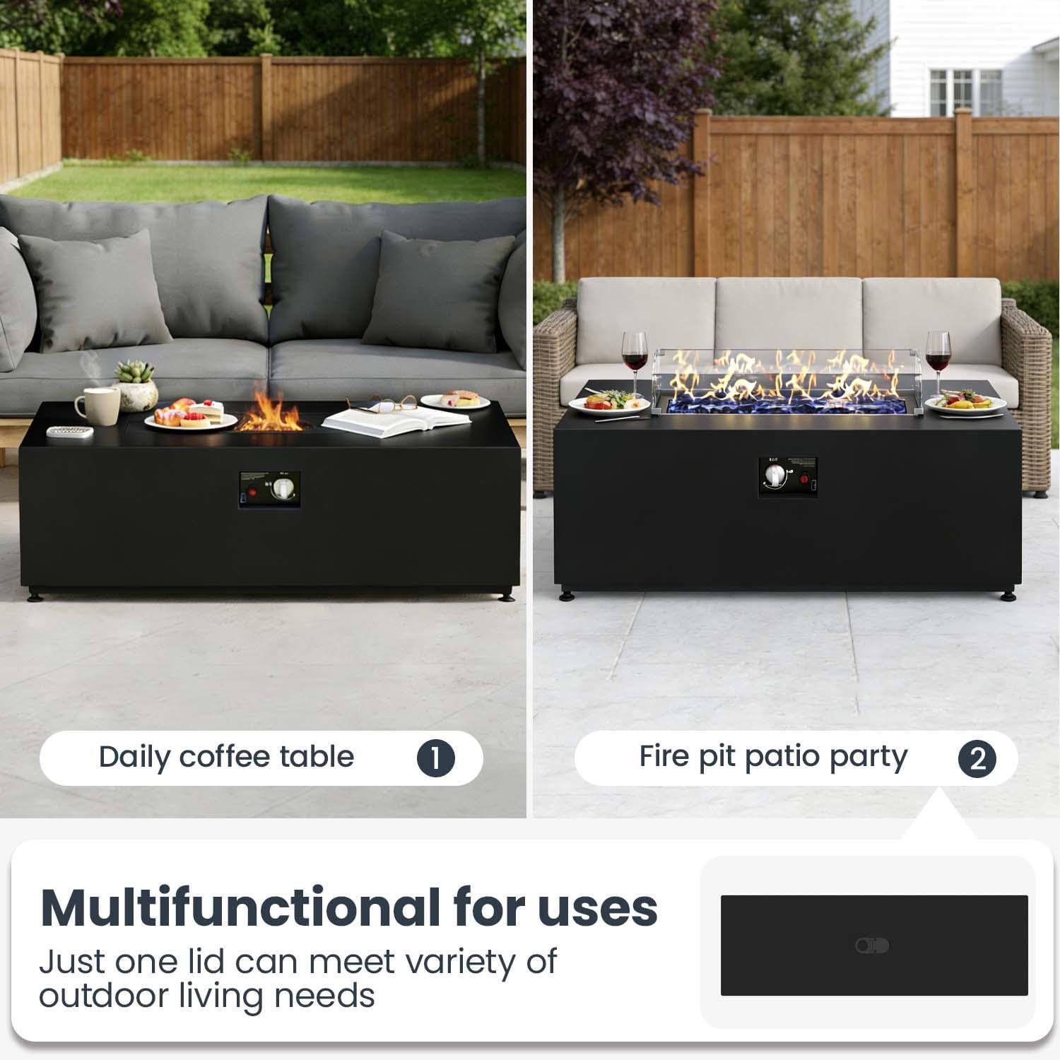 42 Inch Gas Fire Pit Table, 55,000 BTU Propane Fire Pits for Outside with Aluminum Lid and Waterproof Cover, 2 in 1 Firepit Table