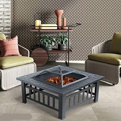 Garden Fire Pit Portable Grill Barbecue Rack 32in Metal Square Firepit Outdoor Fire Pit Wood Burning Backyard Patio Garden Beaches Camping Picnic with Cover BBQ Cooking for Camping Backyard