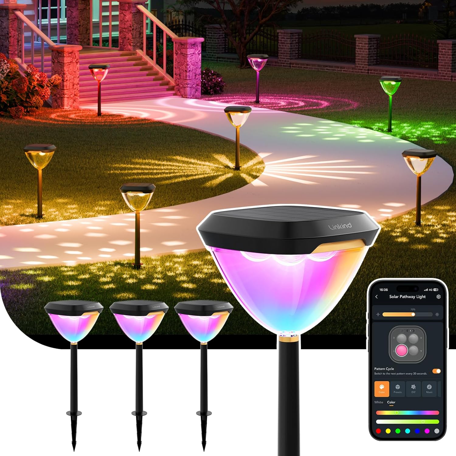 Linkind Smart Solar Pathway Lights SP6, in-App Pattern Switching Solar Lights Outdoor, USB & Solar Charging, Cool/Warm White/Color-Changing Landscape Lighting, Christmas Decor for Yard, Patio (4 Pack)