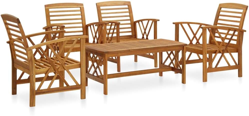 5-Piece Garden Lounge Set, Solid Acacia Wood Outdoor Patio Furniture, Durable Dining Table & 4 Chairs for Balcony, Terrace, Brown Oiled Finish
