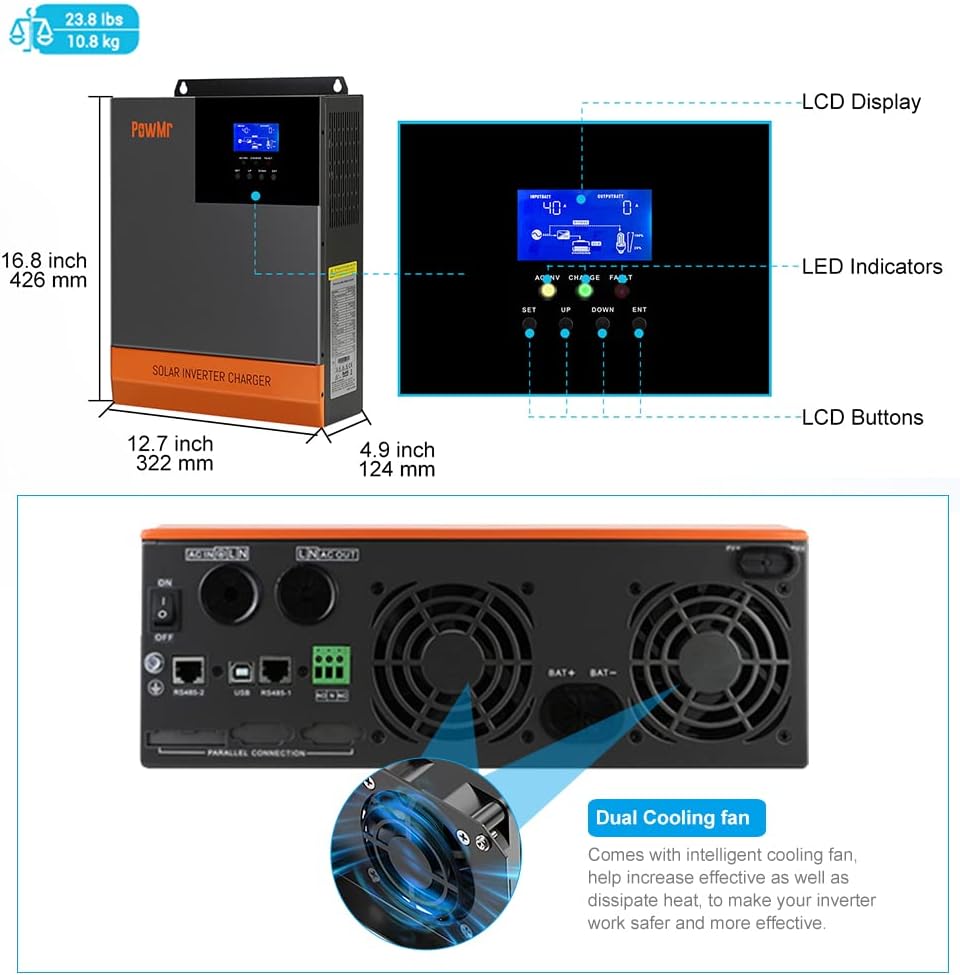 48V Solar Inverter 5000W Off Grid Inverter, 48V DC to 110V AC 5KW Pure Sine Wave Power Inverter 80A MPPT Charge Work with 48V Lead-Acid Lithium Can take Solar Power/Utility Power