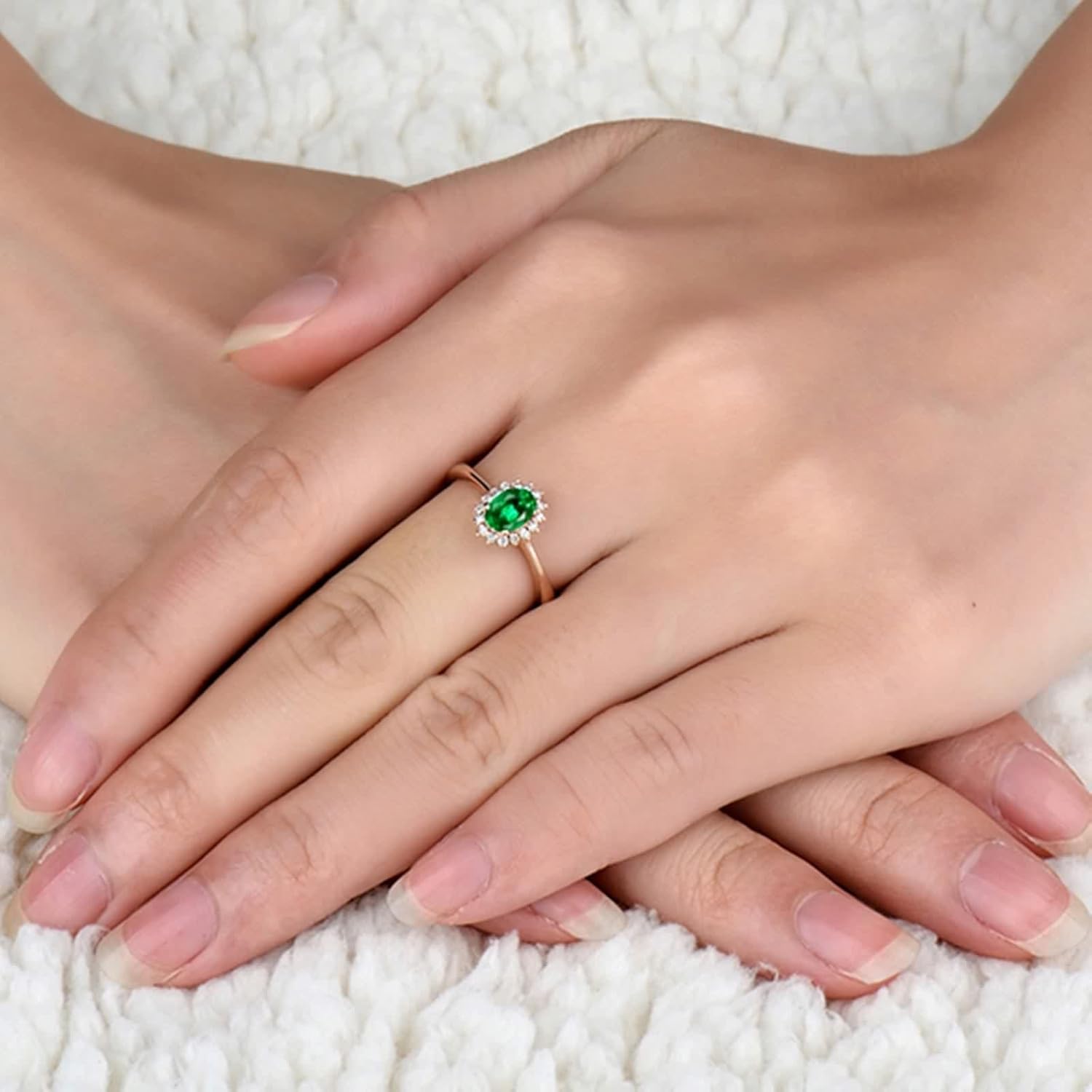 Flower Ring Mom, Vintage Wedding Rings for Women 18K White Gold/18K Rose Gold Oval Emerald for Wife