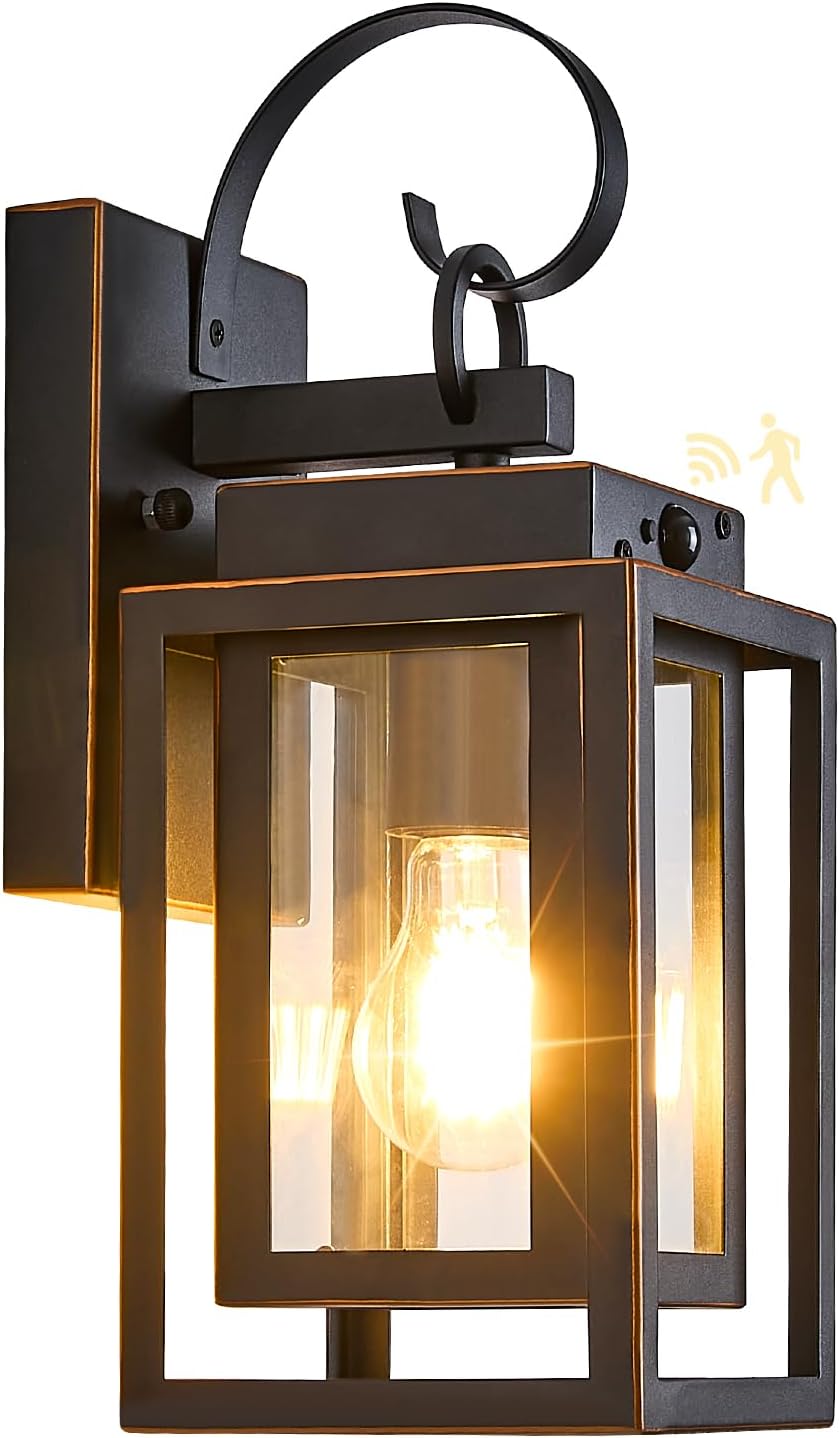 Upgraded Motion Sensor Outdoor Wall Lighting Fixtures, Dusk to Dawn Coach Lamps Outdoor Wall Sconces with Clear Glass, Modern Black Outside Wall Mount Lantern for Front Door, Porch, Garage