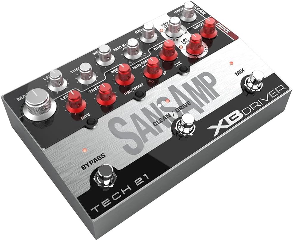 Tech 21 SansAmp XB Driver Bass Preamp Bundle with 2 Right Angle Patch Cables, 12 Guitar Picks, 9V Power Adapter & Polishing Cloth – Versatile Tone Shaping, Analog Amp Emulation, DI Output