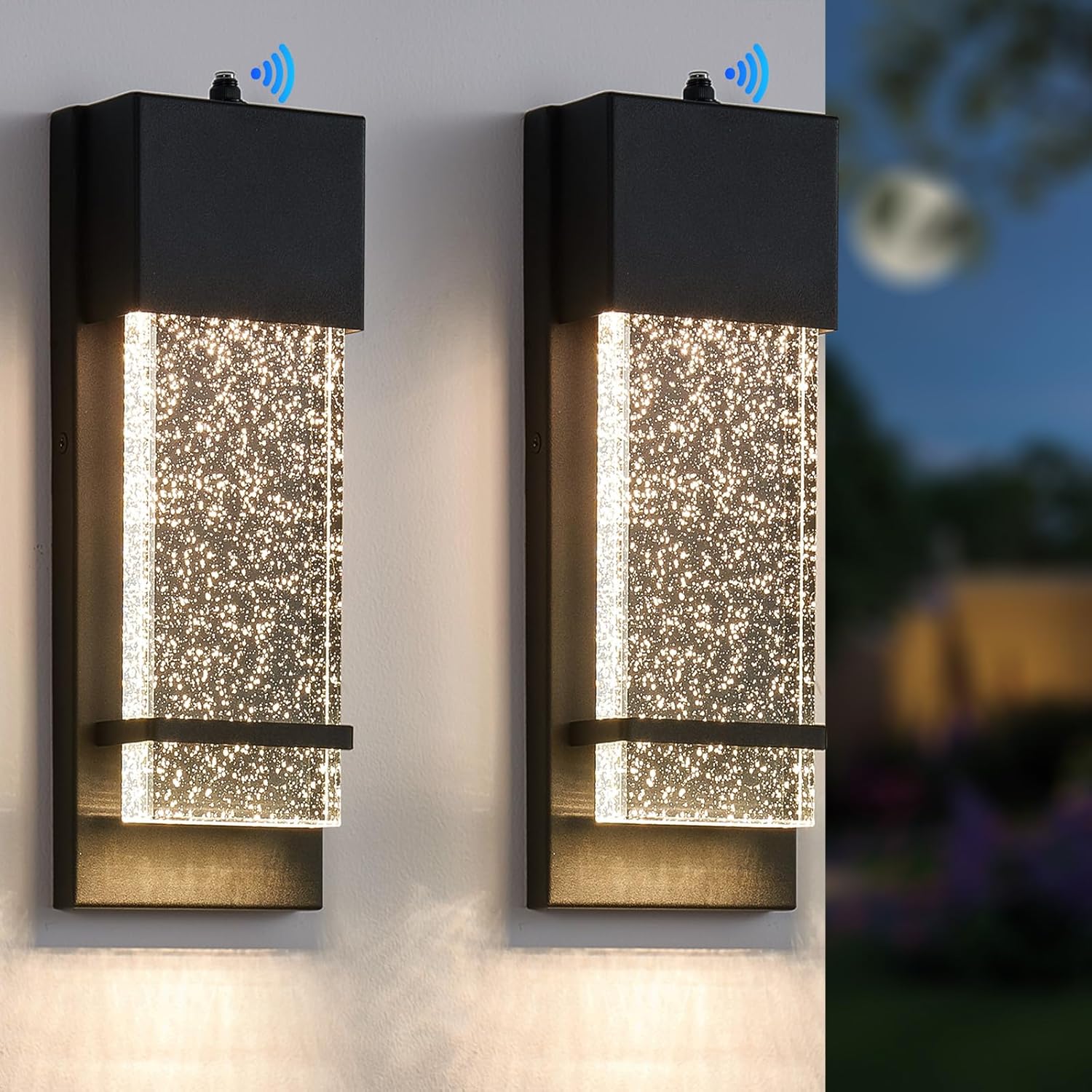 Yisuro Dusk to Dawn Porch Lights, Exterior Lights Fixture, Black Wall Light Fixture with Crystal Bubble Glass LED Wall Lamp, Modern Porch Lantern for House Porch Entryway Patio Garage (2 Pack)