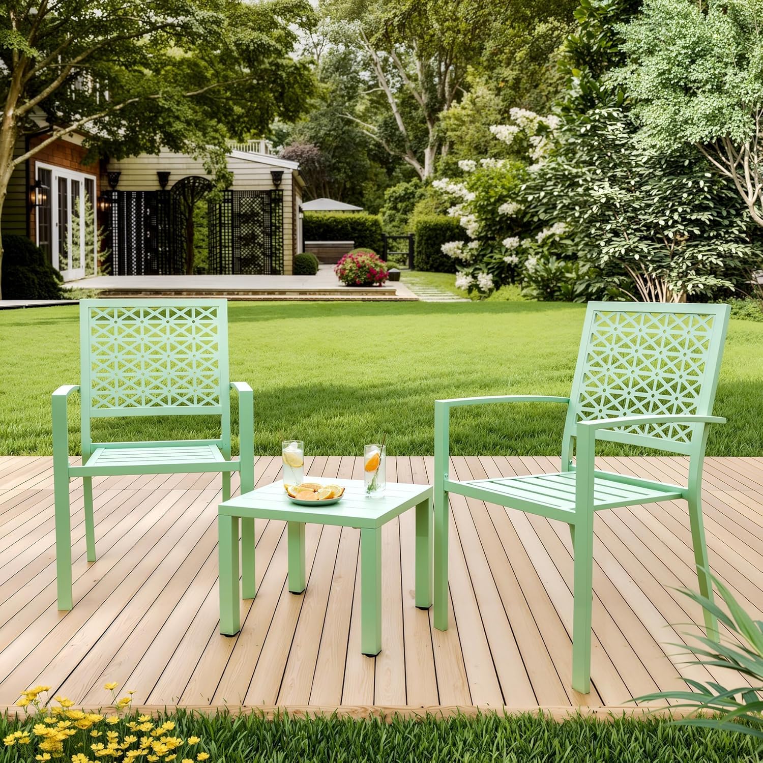 3 Piece Patio Furniture Set Outdoor Bistro Table Set – Light Green Wrought Iron Chairs with Floral Back Design, Ideal for Balcony, Terrace, or Front Yard Relaxation
