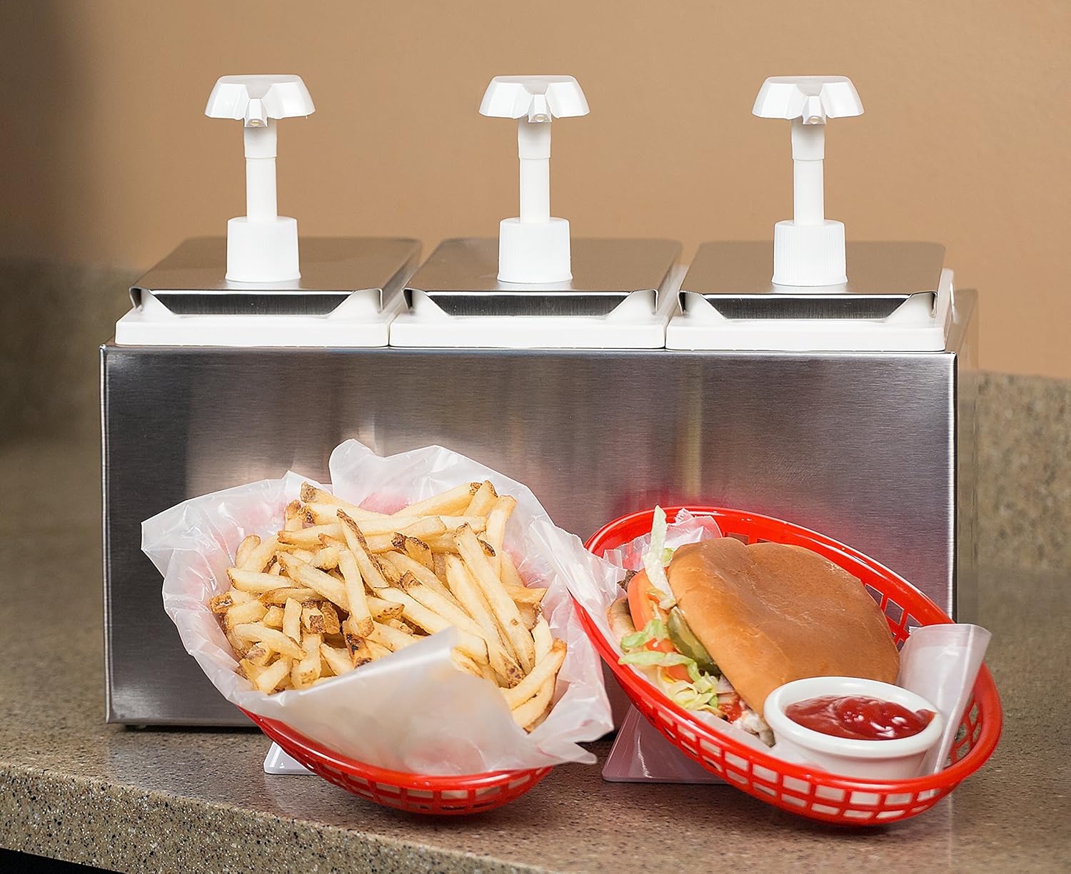 Carlisle FoodService Products Condiment Rail Condiment Center with 3 Standard Pumps for Gas Stations, Restaurants, and Fast Food Stainless Steel, 14.44 X 7.75 X 12.5 Inches, Silver