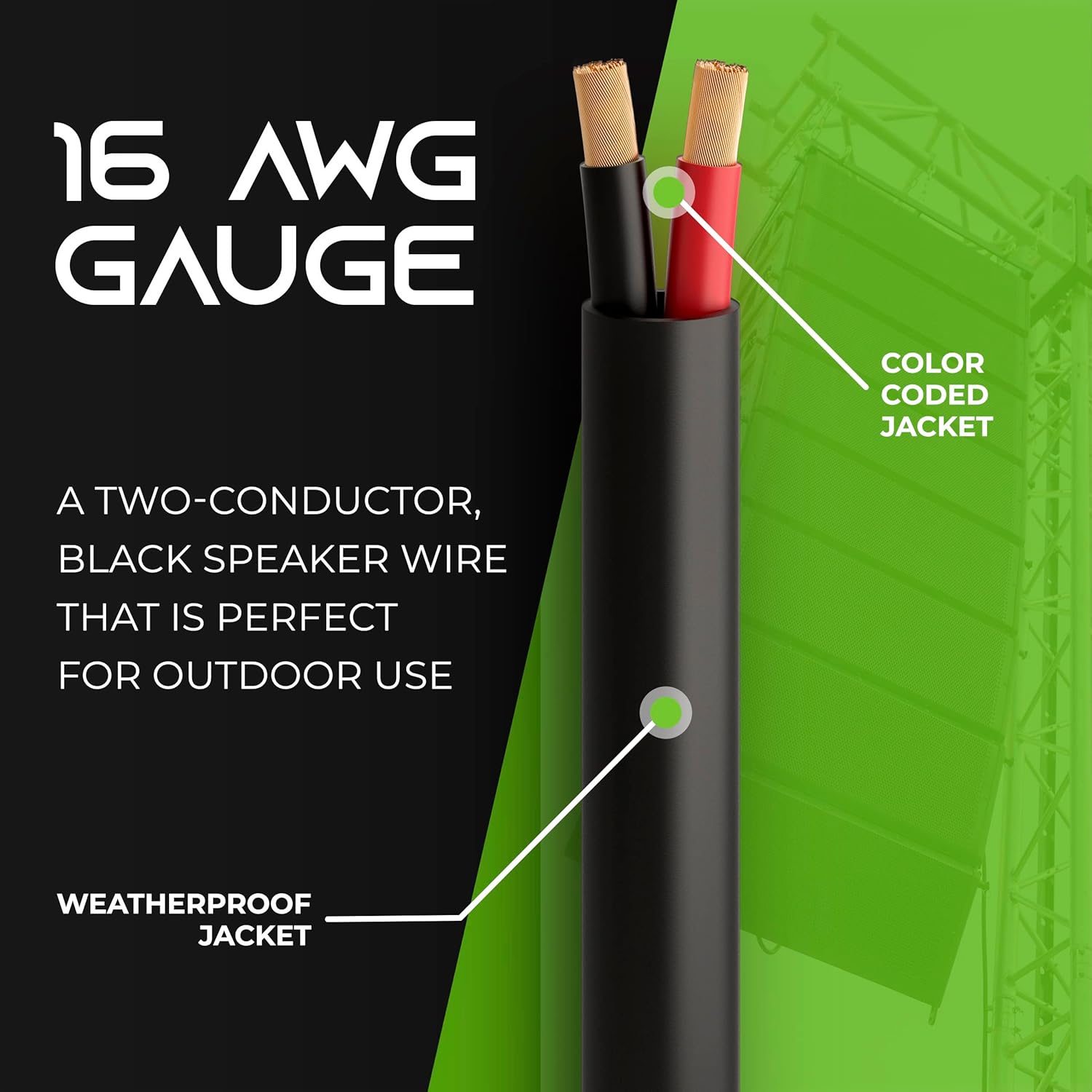 GearIT 16/2 Speaker Wire (500 Feet) 16AWG Gauge - Outdoor Direct Burial in Ground/in Wall / CL3 CL2 Rated / 2 Conductors - OFC Oxygen-Free Copper, Black 500ft