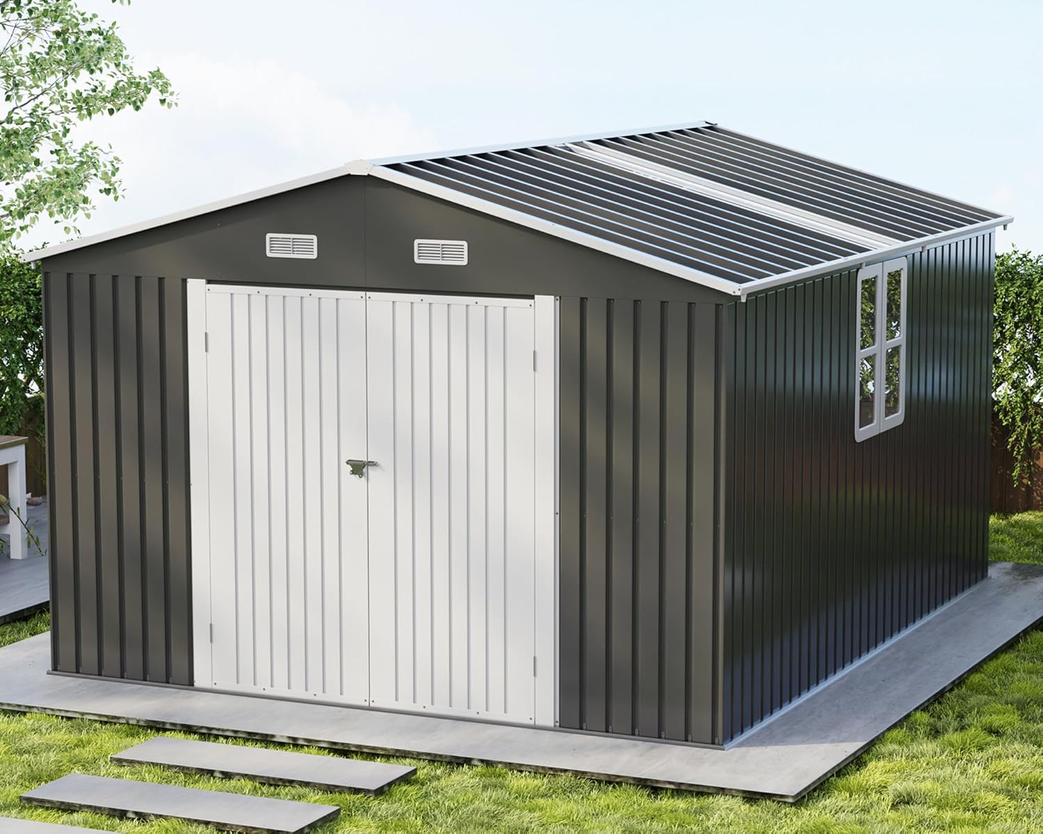 VanAcc 10x12x7 FT Outdoor Storage Shed with 2 Transparent Panels, Metal Garden Shed with Hinged Double Doors, 2 Windows & 4 Vents, Reinforced Steel Frame for Backyard, Garden, Dark Gray
