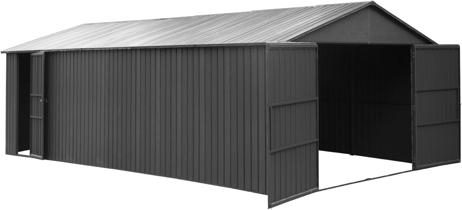 Outdoor Metal Garage Shed, Extra Large Metal Carport with Lockable Double Hinged Doors, Heavy Duty Car Shelter for Car, Truck, Motorcycle and Lawn Equipment(12x25FT)