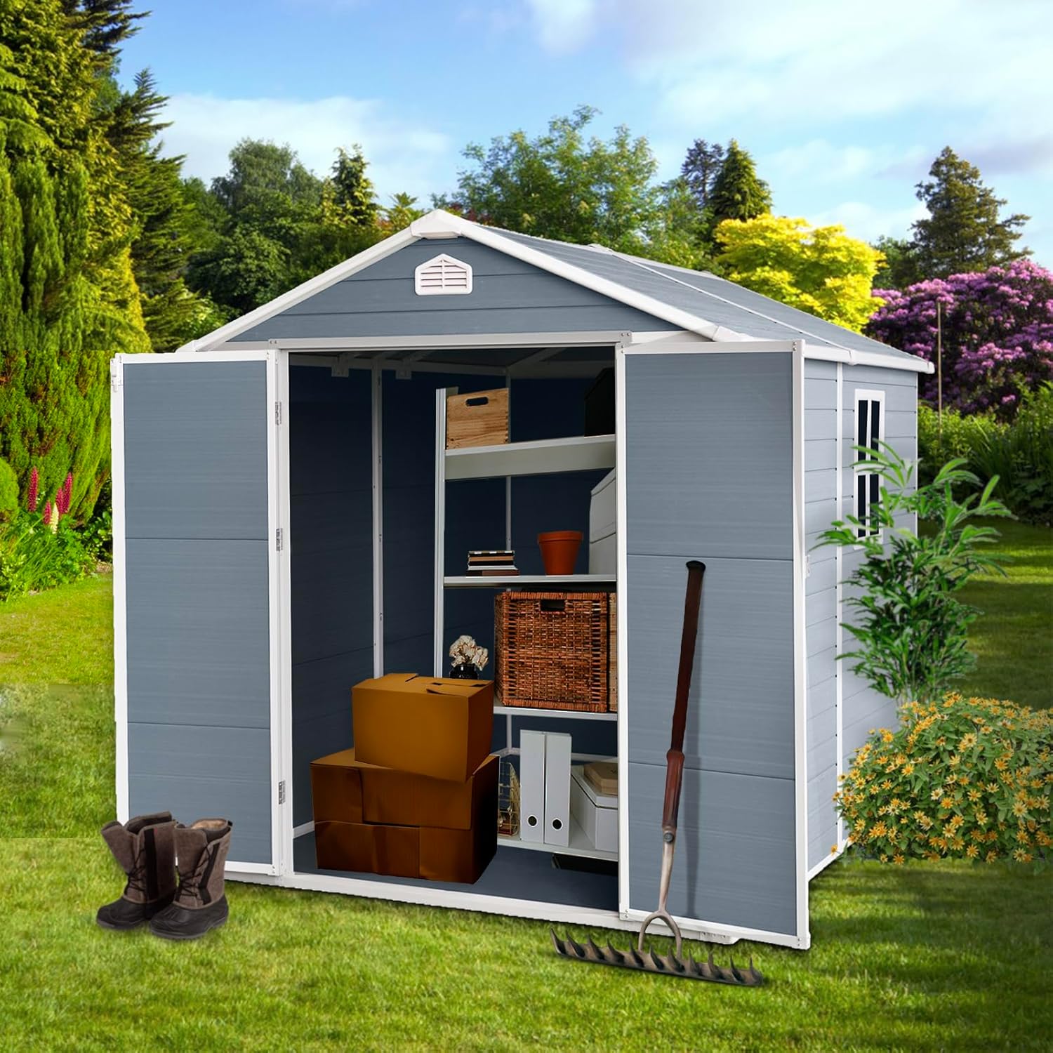 【LuckyNote】 6 ft x 8 ft Resin Outdoor Storage, Plastic Garden Sheds with Floor and Lockable Door for Backyard, Lawn, Grey，The Package Will be Shipped in 4 Separate parcels
