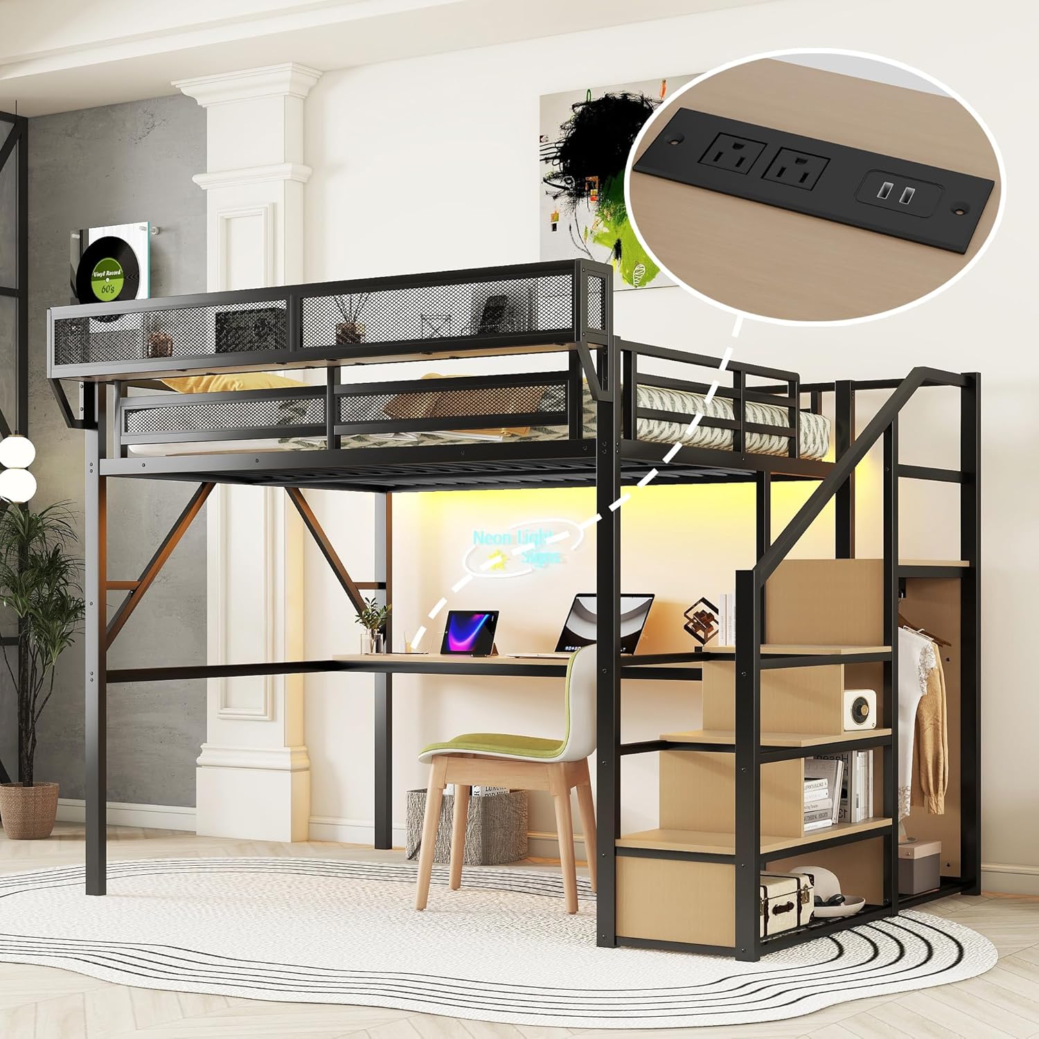 Queen Size Loft Bed with Desk, Loft Bed Queen with Stairs and Charging Station, Modern Metal Beds Frame with Light and Safety Guardrails for Kids/Teens, Patent Products, Black