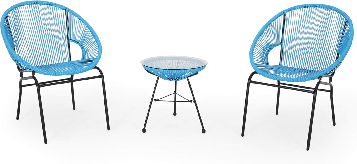 Great Deal Furniture GDFStudio Outdoor Modern 2 Seater Faux Rattan Chat Set, Blue and Black