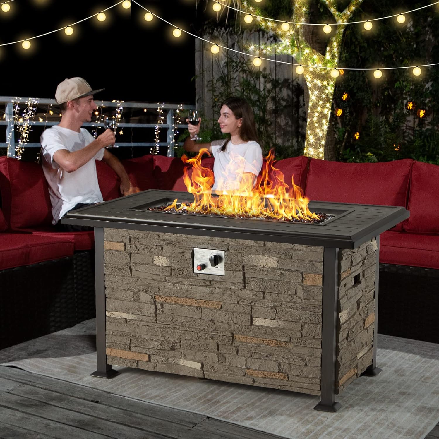 Vicluke 44 Inch Aluminum Propane Fire Pit Table w/Faux Ledgestone, Hand-Painted Table Top, 50,000 BTU Fire Table w/CSA Certification,Waterproof Cover,Glass Rock for Outdoor, Patio, Christmas(Grey)