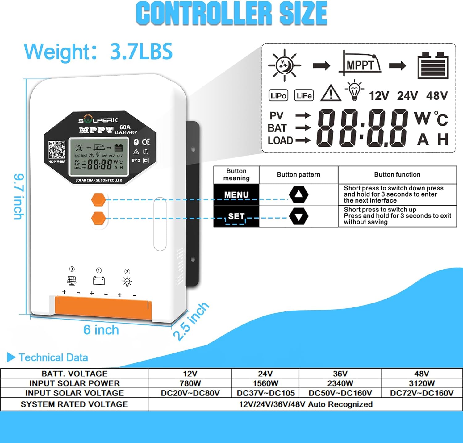 SOLPERK MPPT Solar Charge Controller, 60A 12V/24V/48V Auto, Input LCD Display Regulator Intelligent Solar Panel Regulator for LiFePO4, SLD,Gel Sealed, Lithium, AGM, Flooded Battery