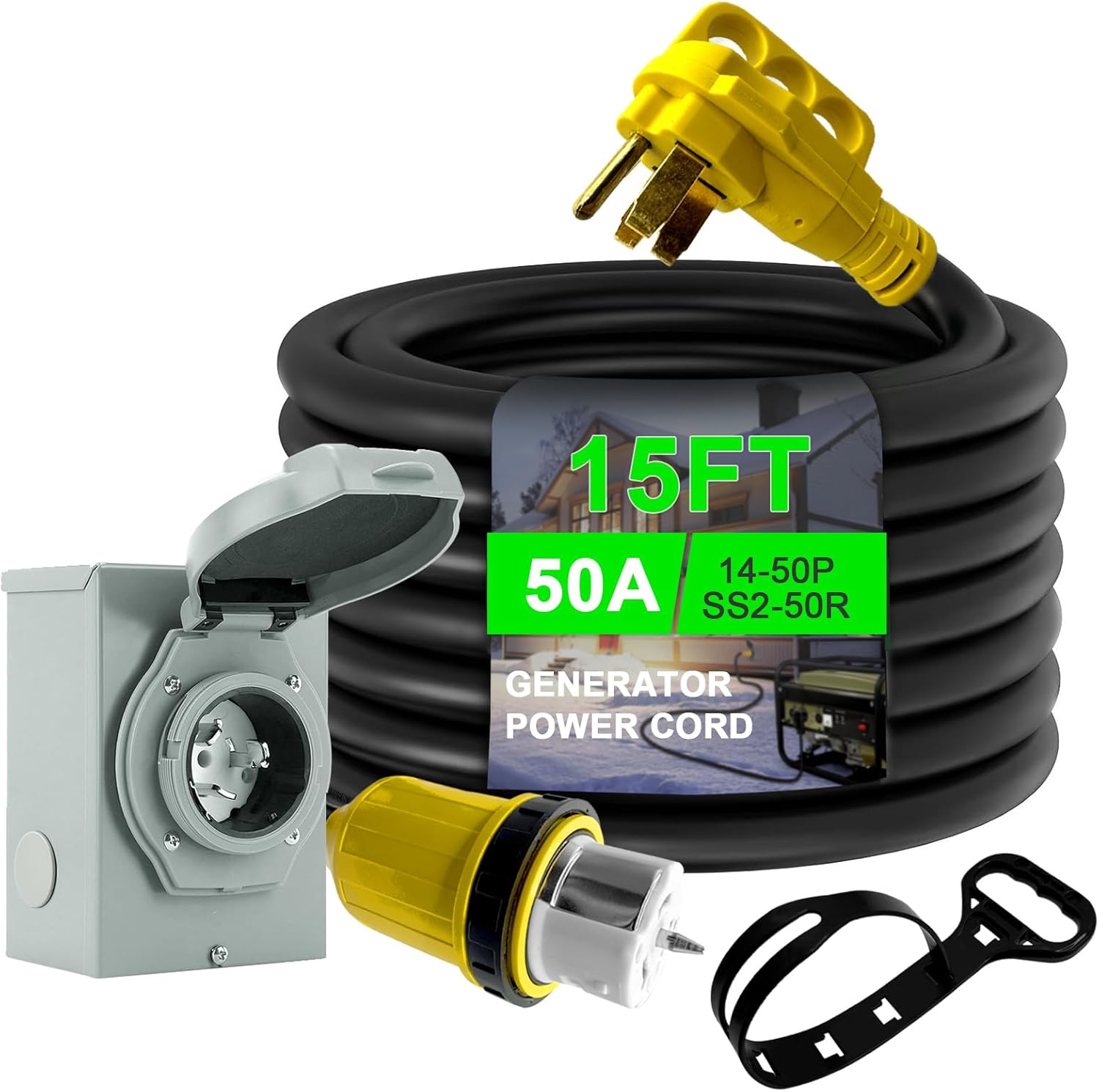 50 Amp Generator Cord 15 FT and Power Inlet Box Combo Kit, Heavy Duty NEMA 14-50P Plug to SS2-50R Twist Lock Connector & SS2-50P NEMA 3R Pre-Drilling Generator Inlet Box, ETL Listed