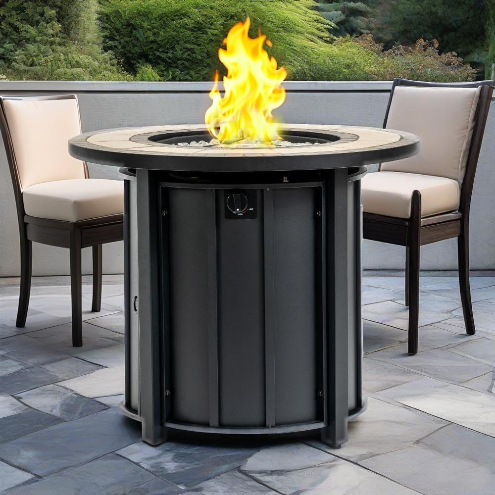 30'' Ceramic Round Propane Fire Pit Table, 50,000 BTU Steel Gas FirePit for Outdoor, Fire Table with Lid, Add Warmth & Ambience to Gatherings and Parties On Patio Deck Garden Backyard, Black.