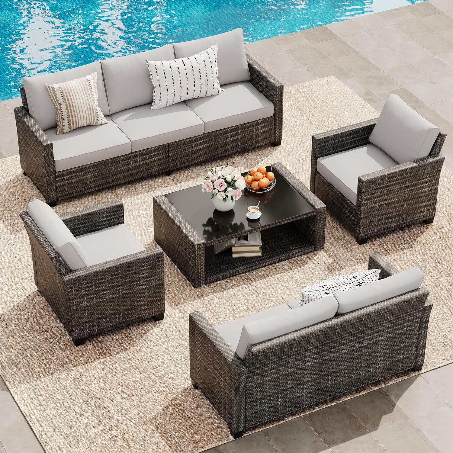 Garvee Patio Furniture Set 5 Pieces, 7-Seat PE Rattan Wicker Outdoor Sectional Patio Conversation Set with Waterproof Cusions and Coffee Table, Grey and Grey