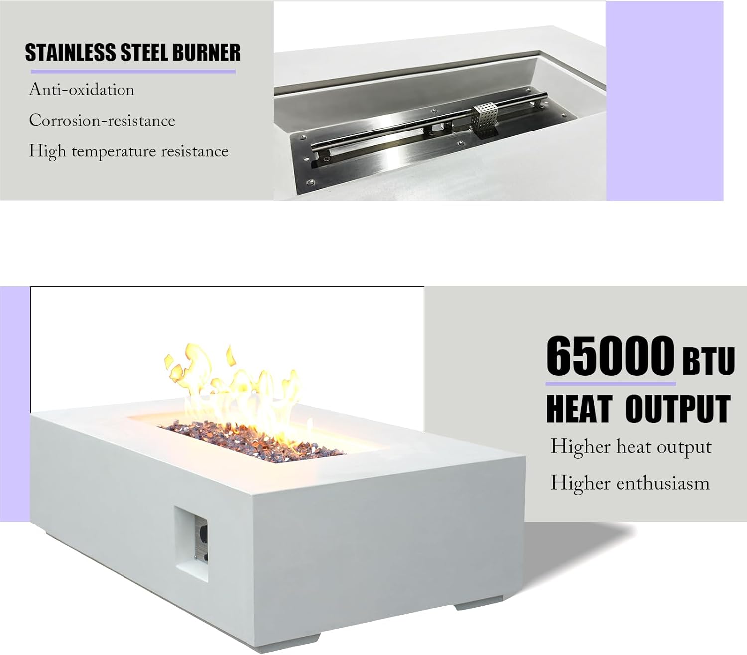 EXPLUX Outdoor Propane Gas Fire Pit Table 65,000 BTU 52-inch Concrete(GFRC) Rectangle Fire Pit for Outside Patio with 304 Stainless Steel Burner,Wind Guard,Crystal Blue Fire Glass,Rain Cover,White