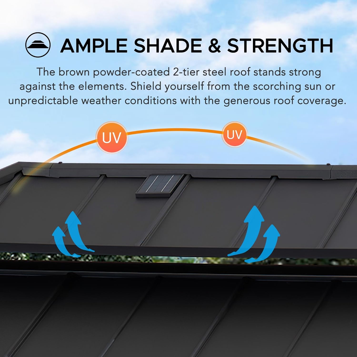 Sunjoy Wooden Grill Gazebo, 8 x 12 ft. Steel Hardtop Gazebo with Solar Power for Year-Round Grilling - 2 Full Size Grills, Griddles or Smokers - Outdoor Cooking Shelter for Backyard BBQs Party, Brown