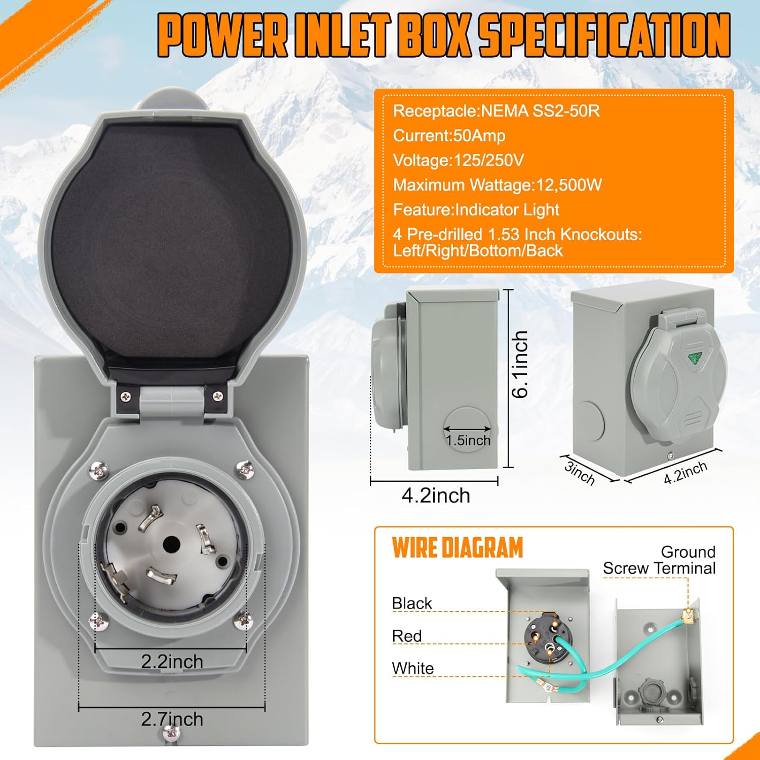 TIPHOPE 50Amp Generator Cord 25FT and Power Inlet Box,125/250V,4 Prong NEMA 14-50P to SS2-50R Generator Cable with NEMA SS2-50P Pre-Drilled Generator Inlet Box for Generator to House,Waterproof