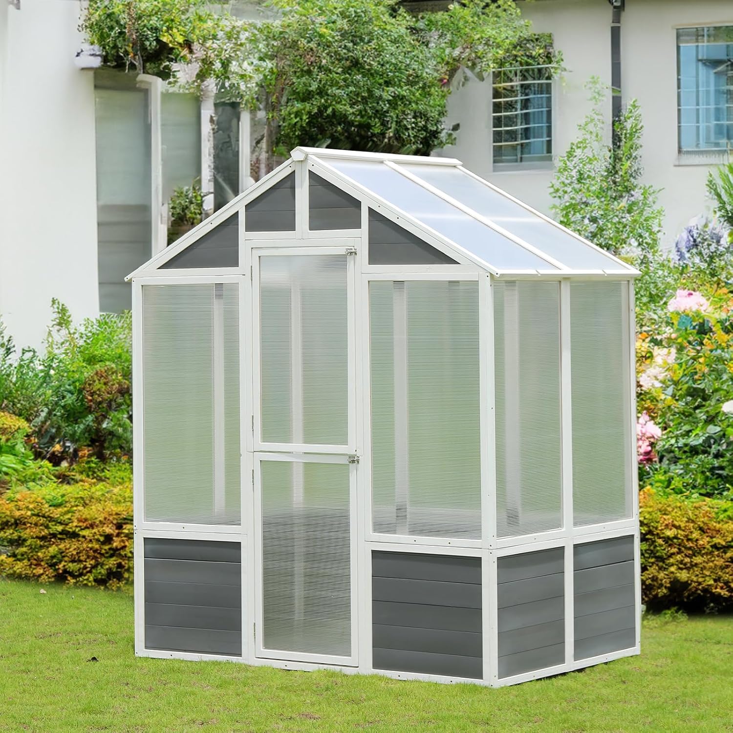 JOYBASE 6x4 Ft Wooden Walk-in Greenhouse, Outdoor Greenhouse Kit Polycarbonate Garden Green House with Lockable Door and Roof for Backyard