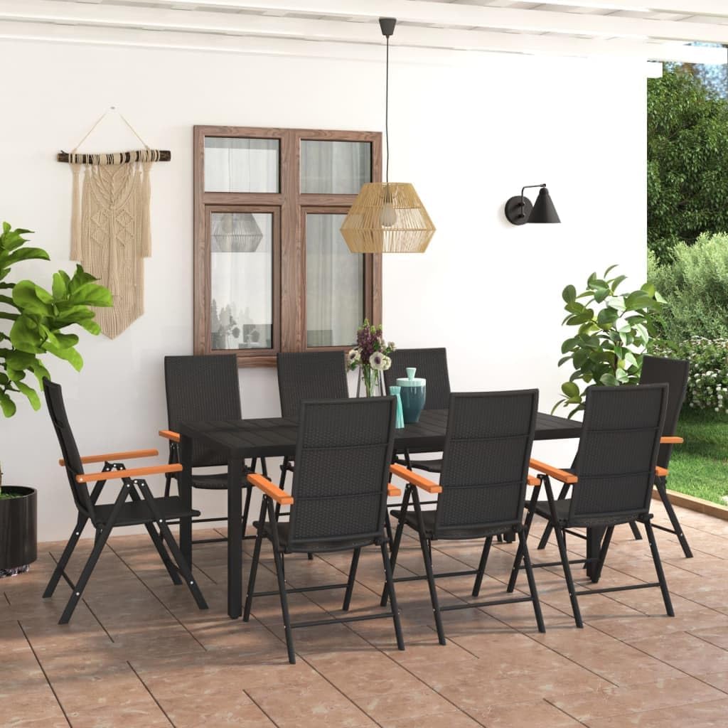 9 Piece Patio Dining Set Black and Brown,Weather Resistant Outdoor Dining Set: WPC Table and PE Rattan Chairs for Garden, Patio, Terrace Patio Furniture Sets, Outdoor Furniture Sets
