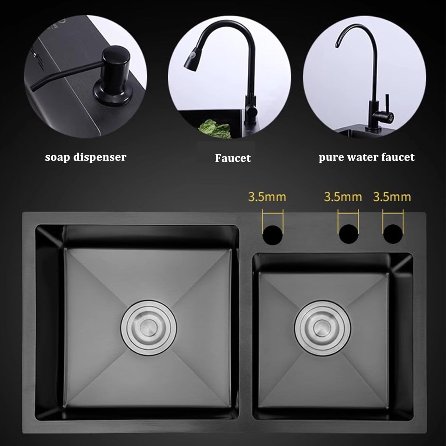 Kitchen Sink Tap,Black Kitchen Sink Double Bowl Sink Large Capacity Sink Stainless Steel Large Sink Including Faucet and Other Accessories (100x45x20cm)