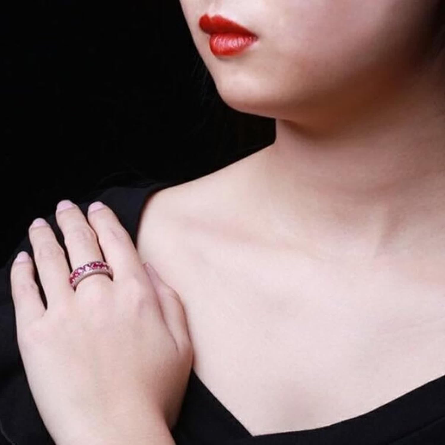 18K White Gold Ring Wedding Band, Women's Rings Lab Created Ruby Drill Row White Gold Jewelry with Moissanite for Engagement