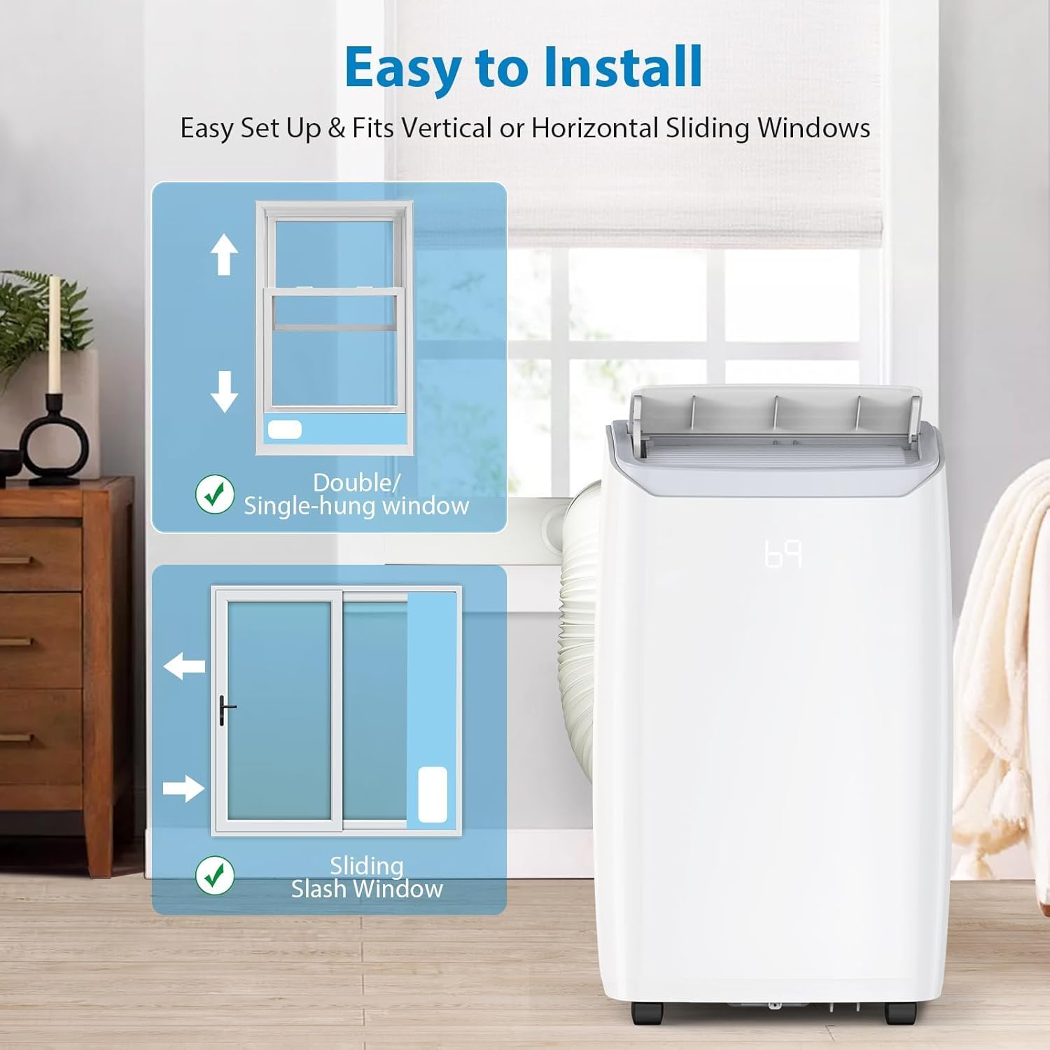 Portable Air Conditioner Standing, Cools Up to 750 Sq.Ft, 3-In-1 Quiet Portable AC Unit, 14000 BTU, with Remote Control, for Large Room, 3 Speed, Auto Swing, 24H Timer