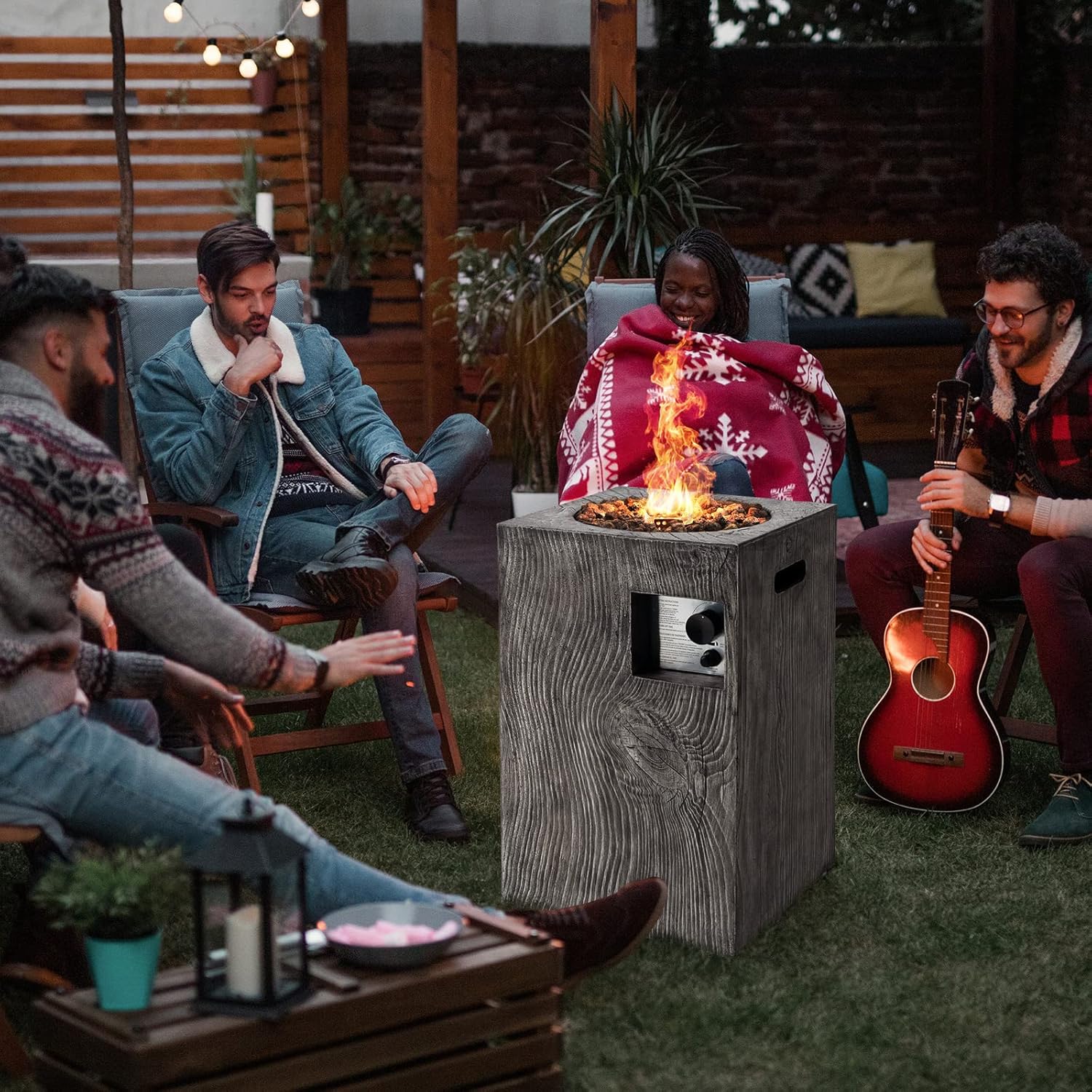 COSTWAY 16-Inch Outdoor Propane Fire Pit, 30,000 BTU Patiojoy Electronic Ignition Square Gas Fire Pit with Protective Cover, Lava Rocks, Touch-up Pen for Backyard, Grey