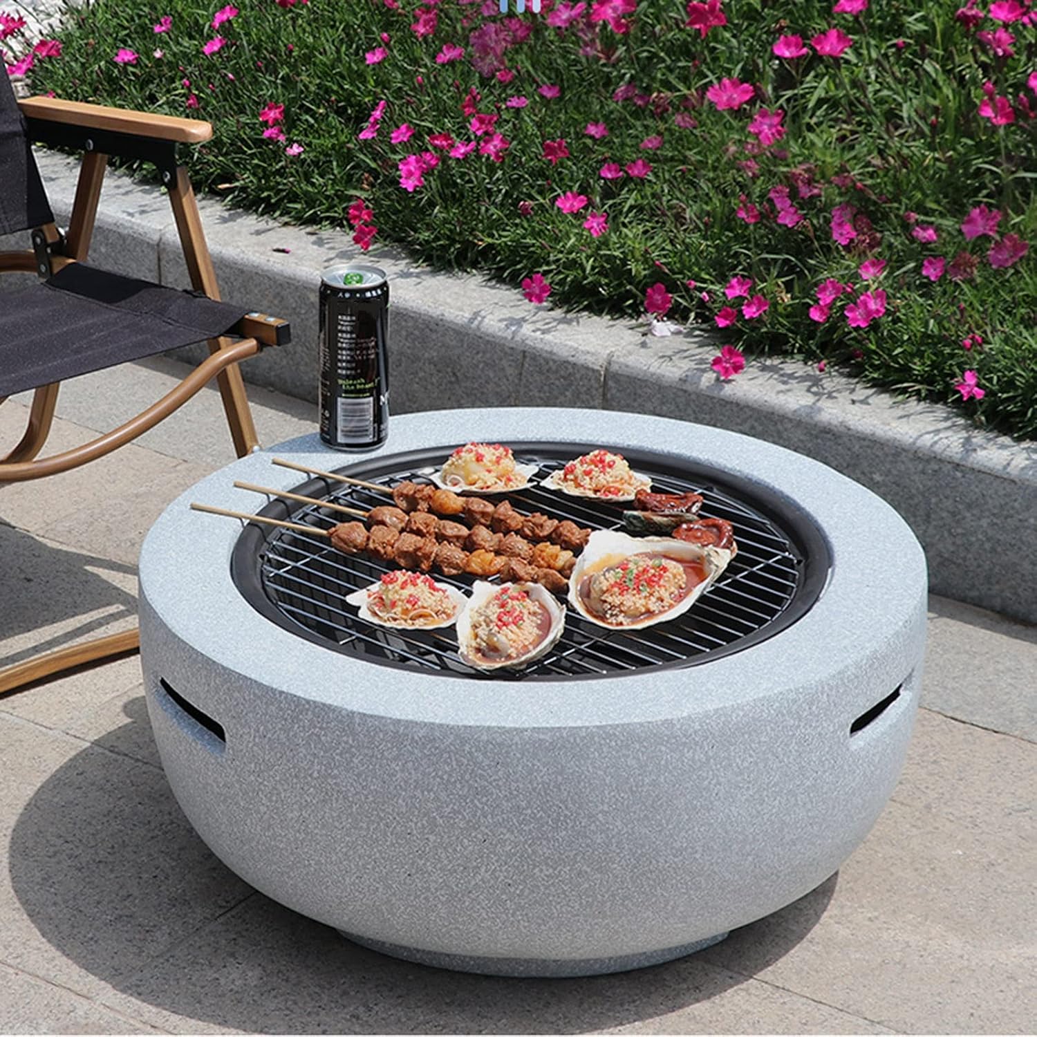 Outdoor Fire Pit Garden Wood Burning Fire Pit BBQ Grill Table - 60cm/23in, Outdoor Wood Burning Fire Bowl with Spark Screen Cover and Poker