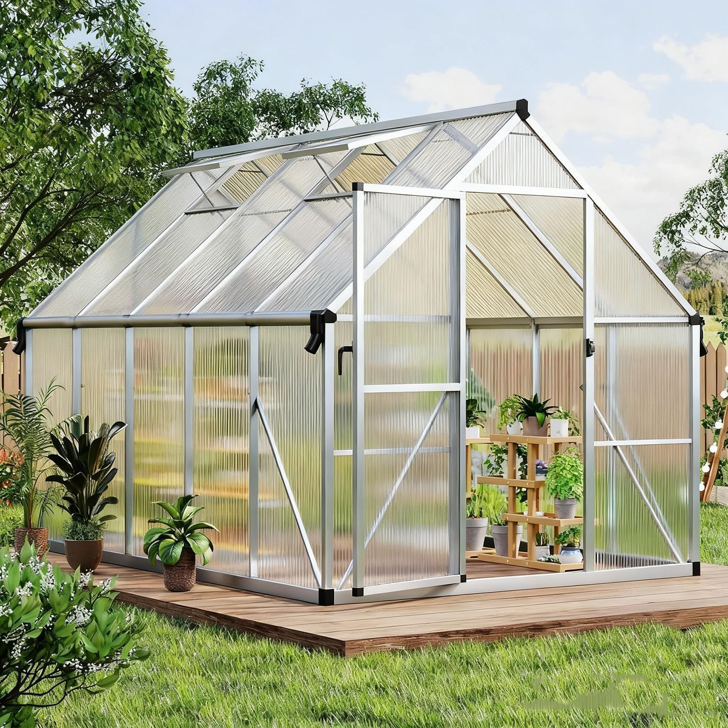 CABIHOME 8X16 FT Greenhouse, Heavy Duty Aluminum，Large Walk-in Polycarbonate Greenhouse with Roof Vent and Ground Nails / Lockable Push Door / Aluminum Frame for Backyard, Garden, Patio, Black