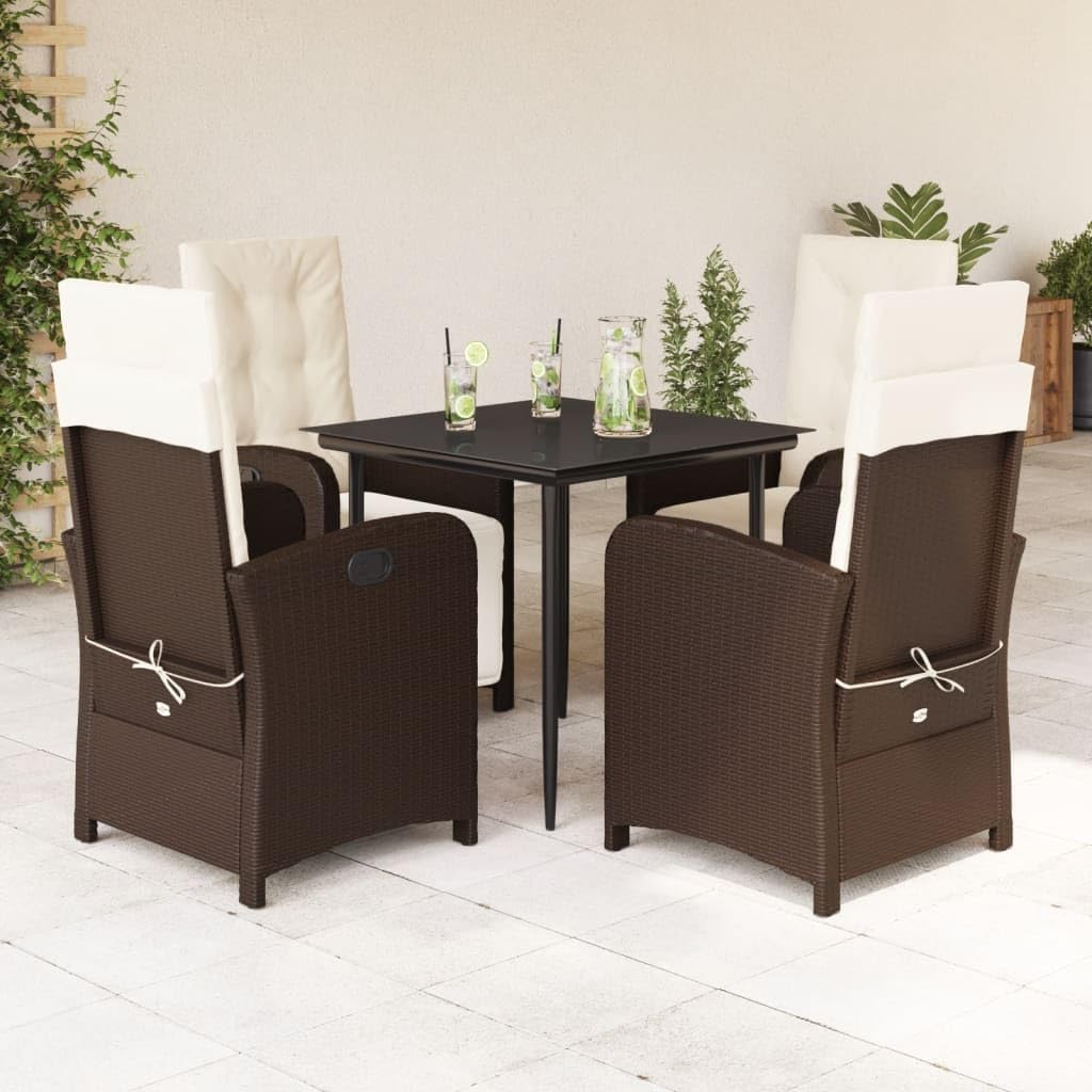 5 Piece Patio Dining Set with Cushions Brown Poly Rattan,Adjustable Backrest Rattan Garden Dining Set with Cushions for Outdoor Patio Furniture Sets for Patio, Lawn & Garden
