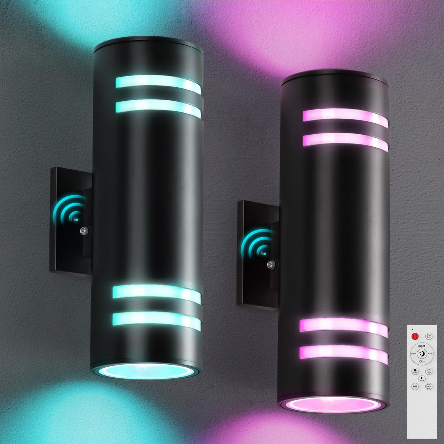 Smart Outdoor Wall Lights 2 Pack, Cylinder Black Exterior Lighting Fixtures Dusk to Dawn Outdoor Lighting, Aluminum Color Changing Porch Lights, Ambiance Sconce Control with App and Voice