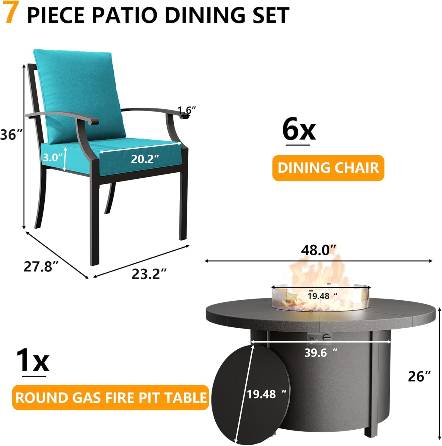 7 Piece Metal Outdoor Patio Furniture Set with 48