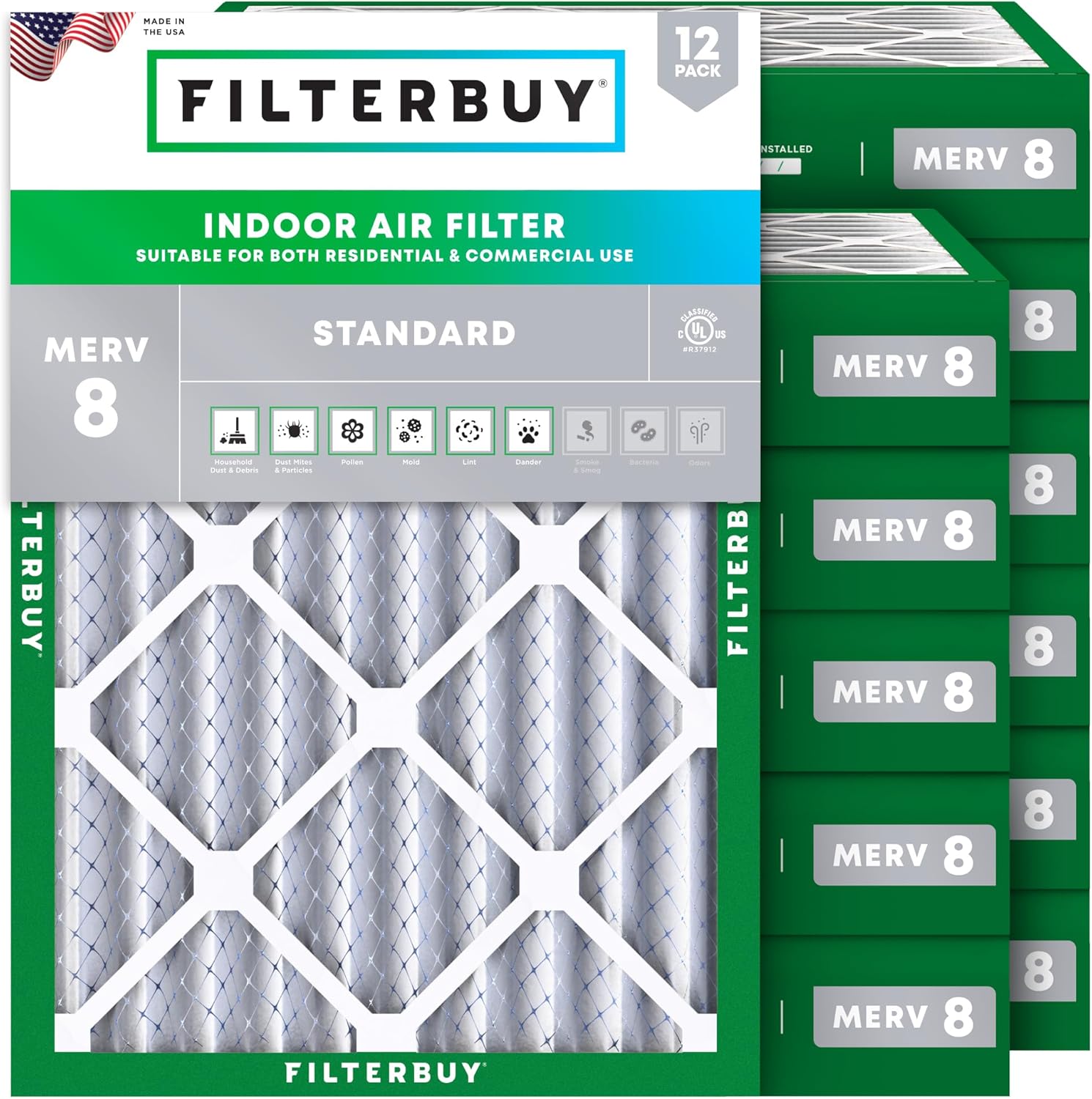 Filterbuy 12x18x4 Air Filter MERV 8 Essential Dust & Allergy Defense (12-Pack), Electrostatic Pleated HVAC AC Furnace Filters Replacement, Made in USA (Actual Size: 11.50 x 17.50 x 3.63)