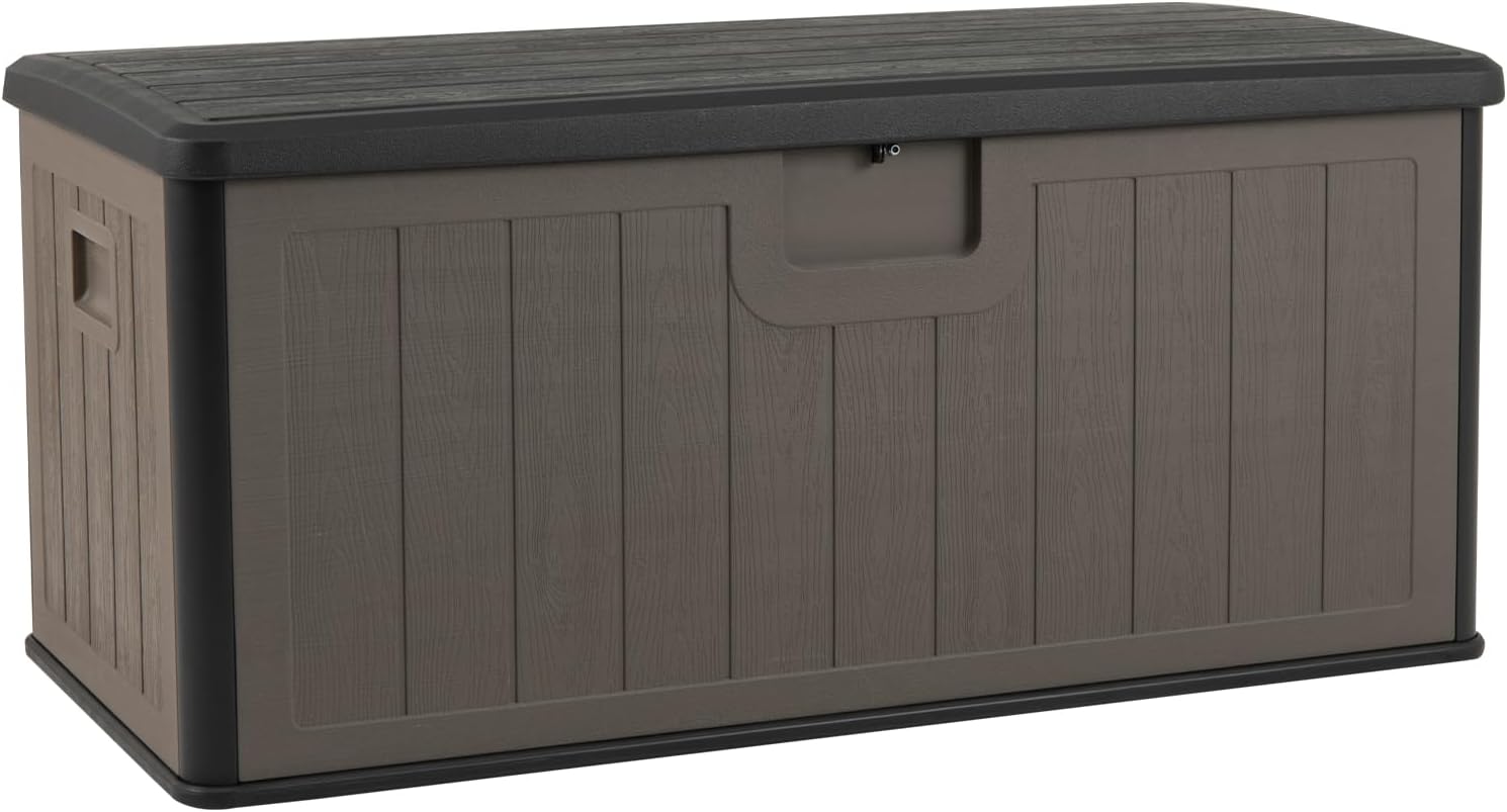 Giantex 100 Gallon Deck Box, Waterproof Resin Box with Lockable Lid, 440Lbs Outdoor HDPE Storage Container Bench for Patio Furniture Cushions, Pool Tools & Garden Accessories (Black+Brown)